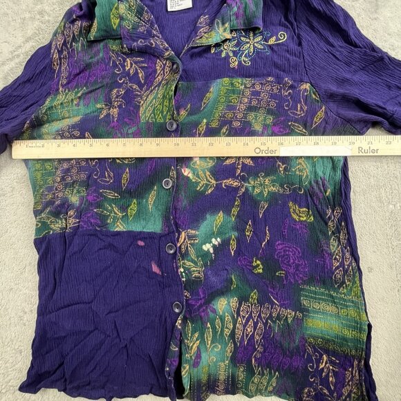 C M Shapes Shirt Women's Large Purple Short Sleeve Button Up Floral Print Rave - Picture 5 of 6